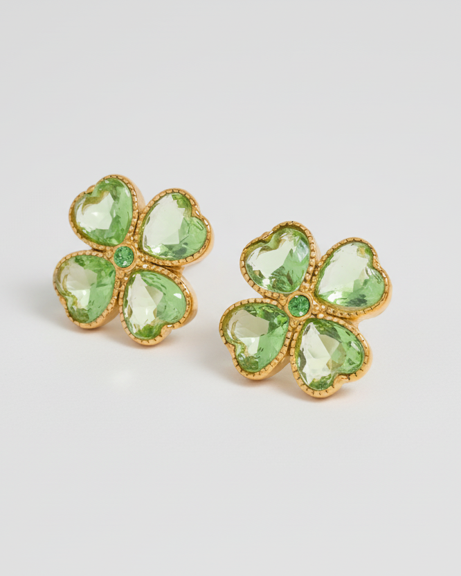 Heart zircon Four-leaf clover stud - 18k gold plated stainless steel earrings