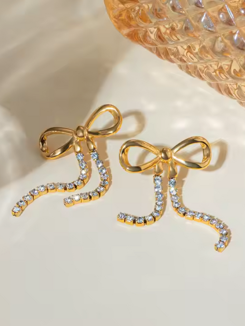 Bow tassel long chain - 18k gold plated stainless steel earrings