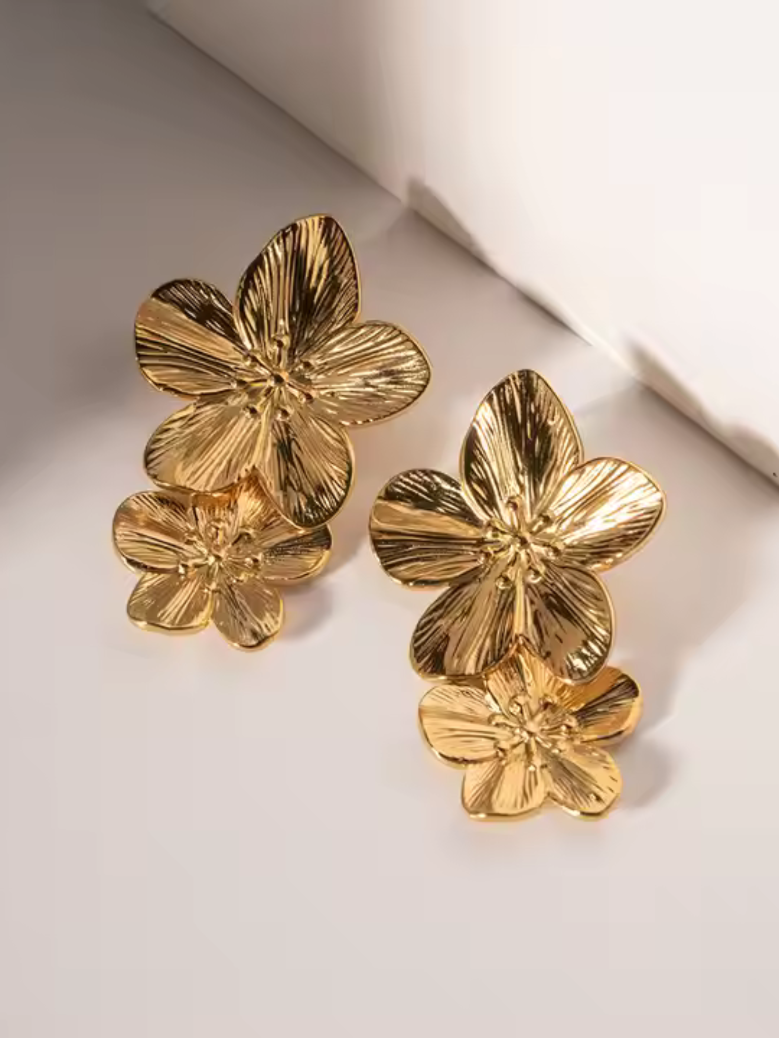 Double Flower Drop Earrings - 18k gold plated stainless steel earrings