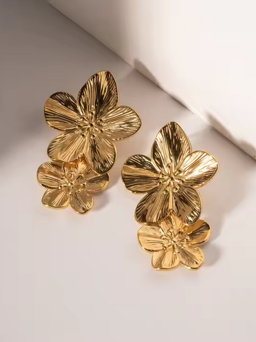 Double Flower Drop Earrings - 18k gold plated stainless steel earrings