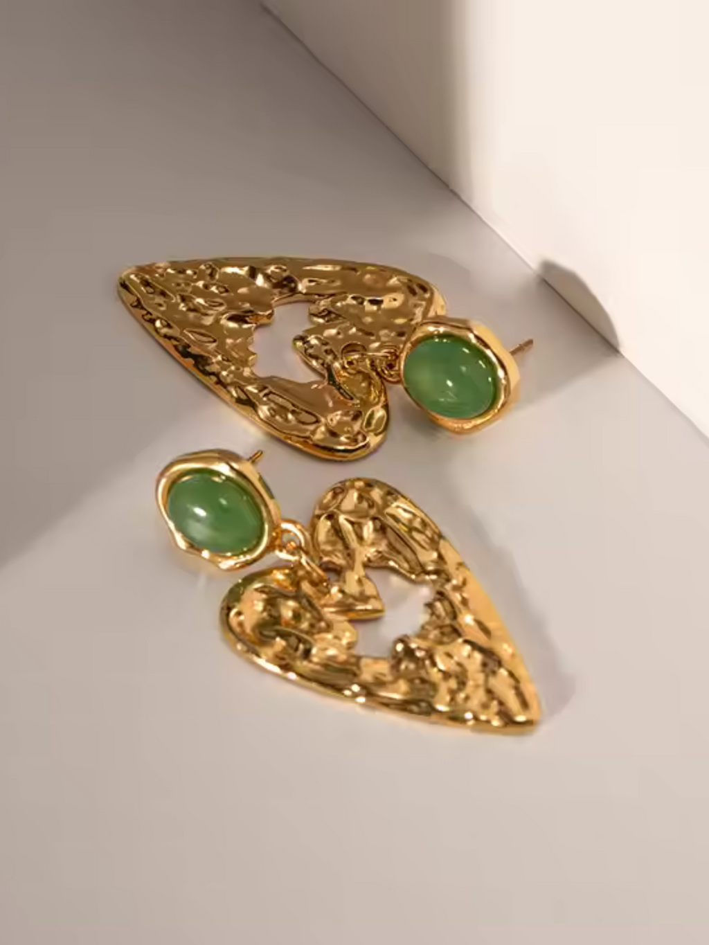 Stone drop heart earrings - 18k gold plated stainless steel earrings