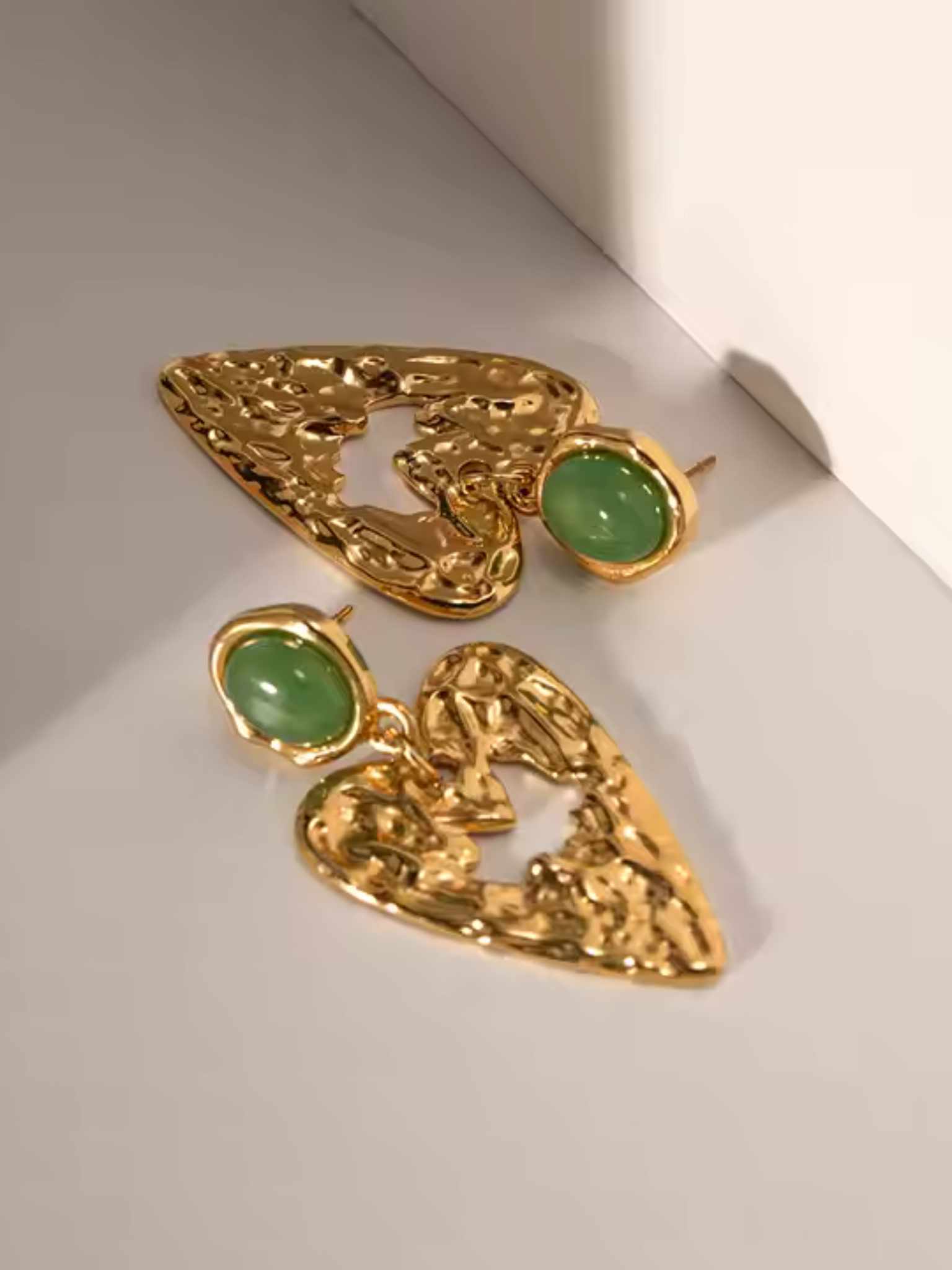 Stone drop heart earrings - 18k gold plated stainless steel earrings
